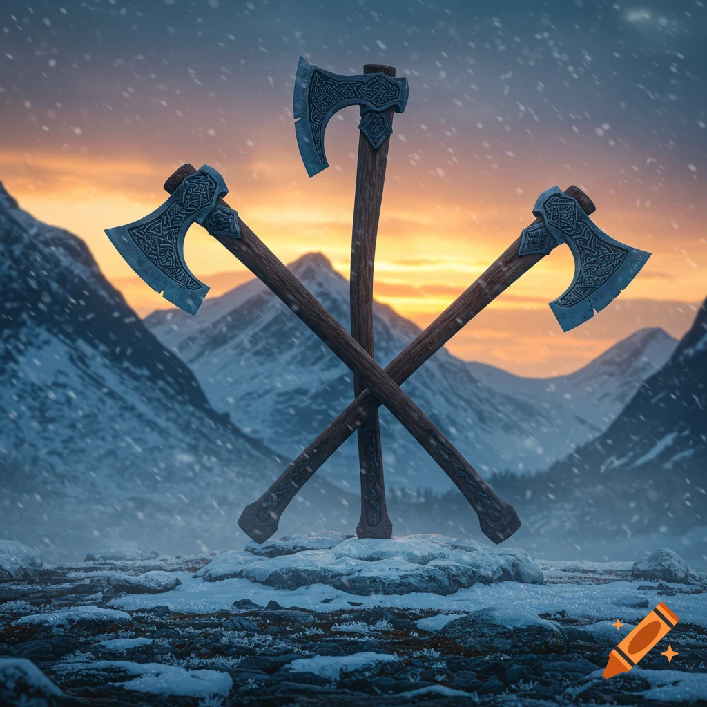 Three ornate viking axes crossed in a triangular pattern on a snowy mountain peak at sunrise, with snow falling.