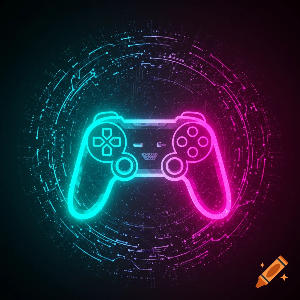 A glowing cyan and magenta game controller icon over circuit board lines on a dark background.