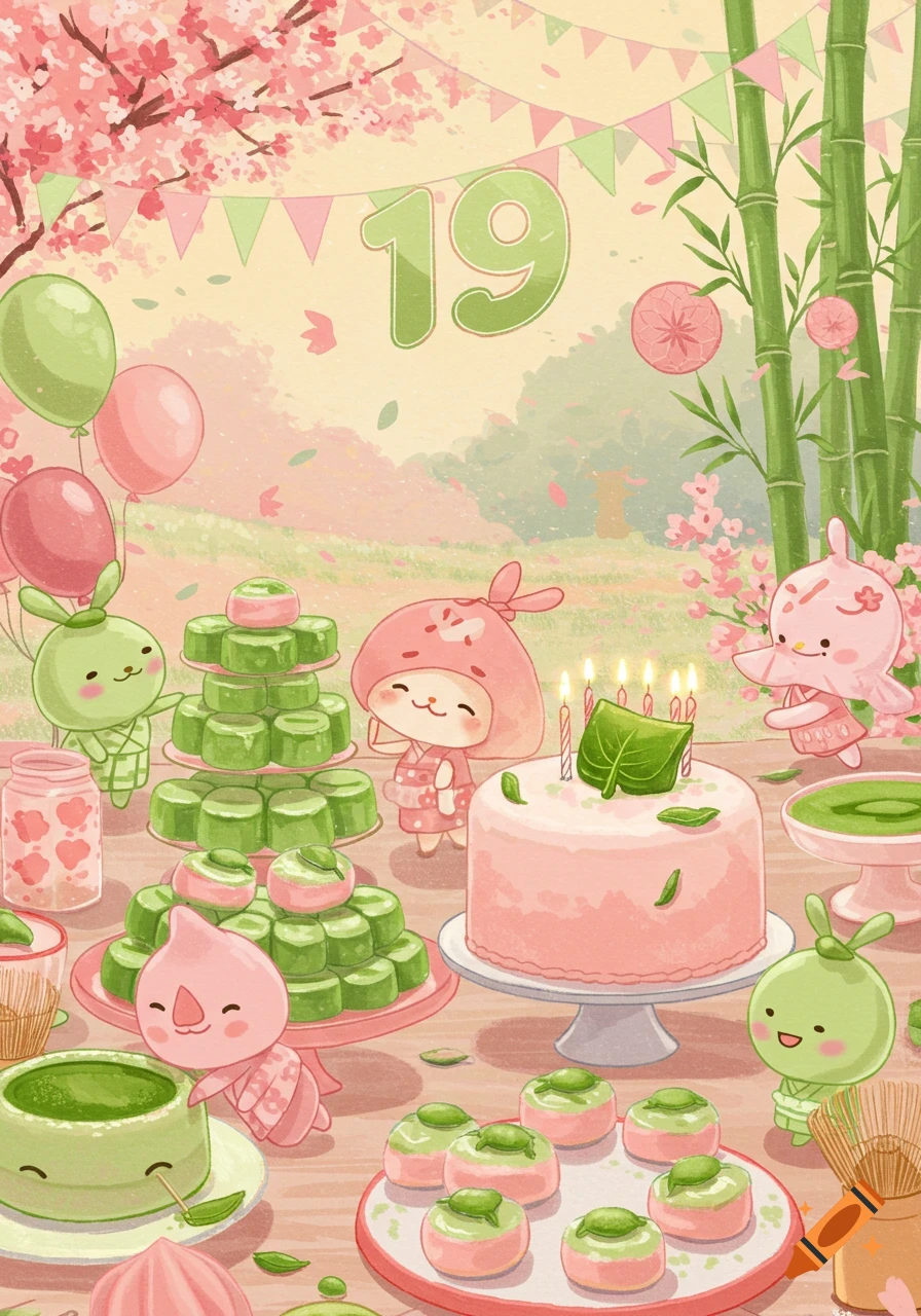 Kawaii birthday party illustration with pink and green cartoon characters, matcha sweets, a cake, balloons, and '19' under cherry blossoms.