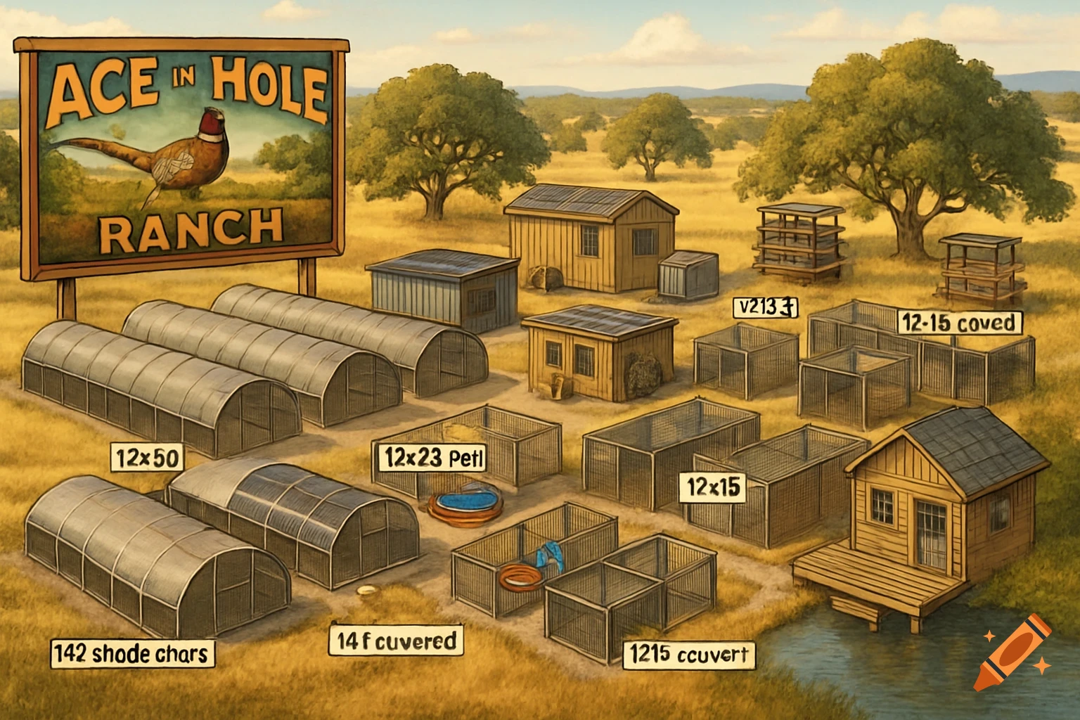 An illustrated layout of a ranch with hoop houses, pens, a tiny house by a pond, and a sign reading "Ace in Hole Ranch" with a pheasant.