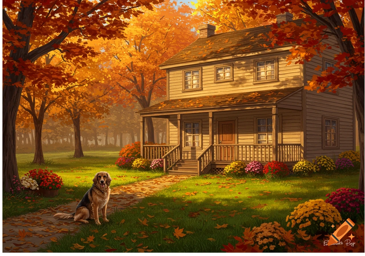 A quaint two-story house with a porch, surrounded by vibrant autumn trees and flower beds, a dog sits in the leafy yard.