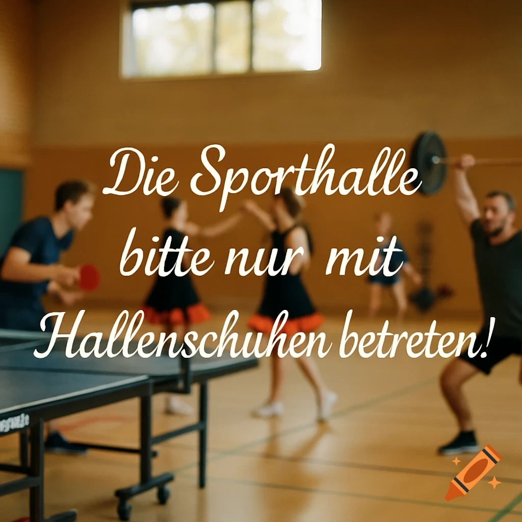A clear German text overlay against a blurred background of people exercising in a sports hall, playing table tennis, lifting weights, and dancing.