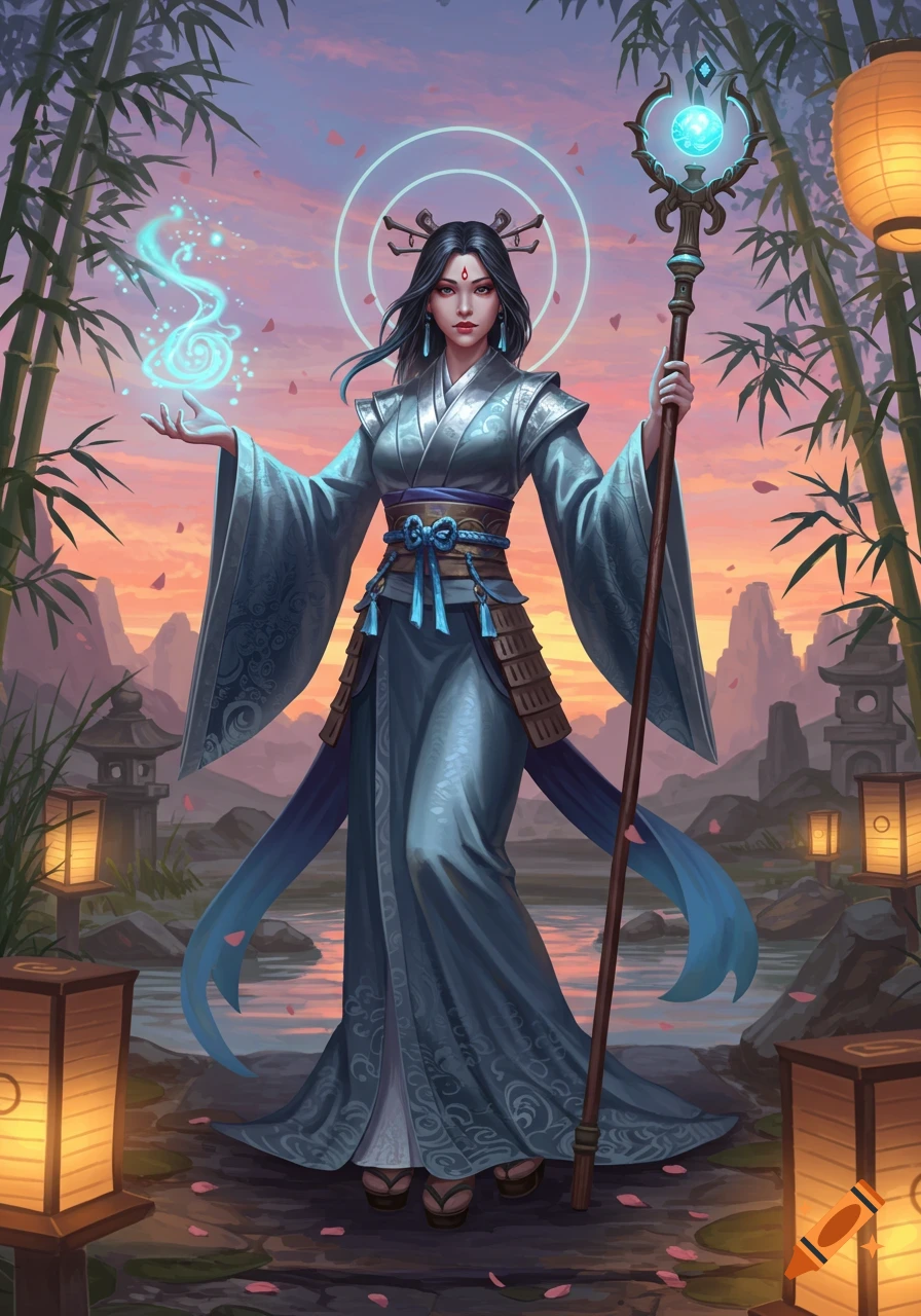 A female fantasy magic user in blue, conjuring magic and holding a staff, in a Japanese-style landscape at sunset.