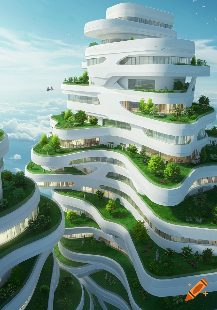 A futuristic white high-rise building with undulating curves and green garden terraces floats above clouds under a blue sky.
