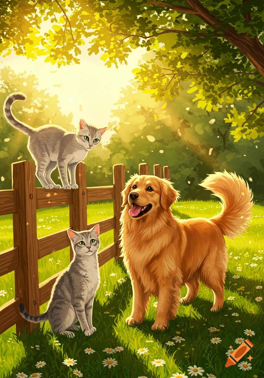 A golden retriever, one grey cat sitting, and another on a wooden fence in a sunny, grassy field with daisies, in a vibrant illustration.