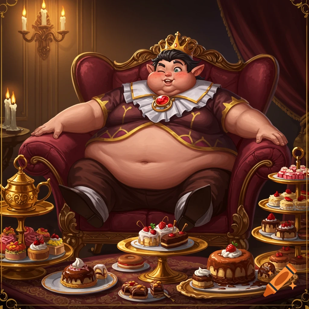 A portly, jovial king with elf-like ears sits on a red throne, surrounded by lavish plates of cakes and pastries in a regal setting.