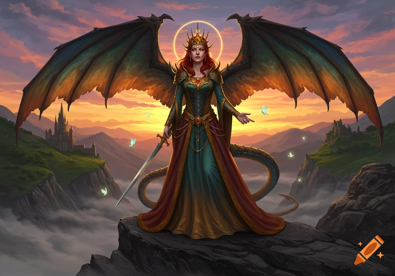 A majestic dragon queen with red hair, green and gold gown, and large wings stands on a cliff holding a sword at sunset.