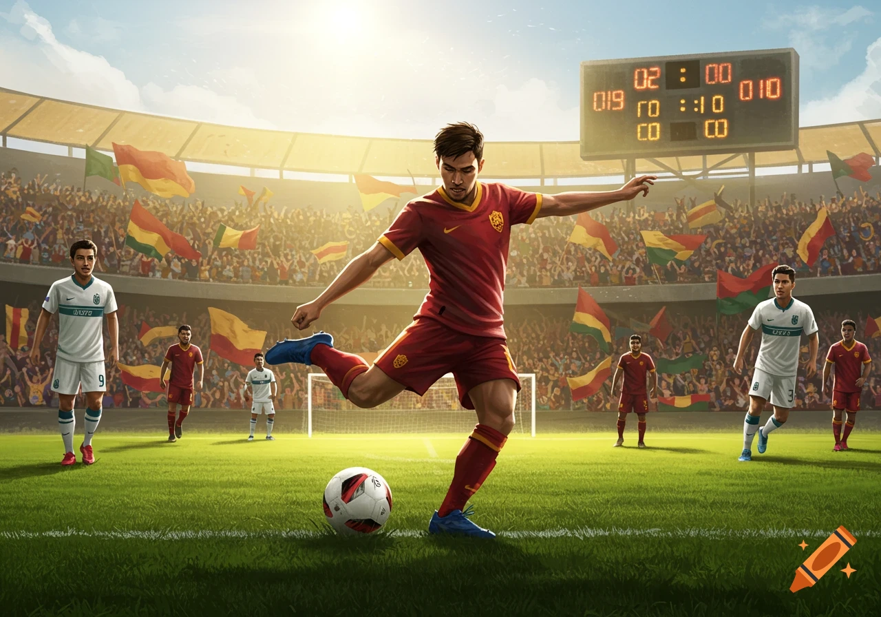 A soccer player in a red uniform kicks a ball on a green field in a large stadium with a scoreboard and cheering crowd. Other players are visible.