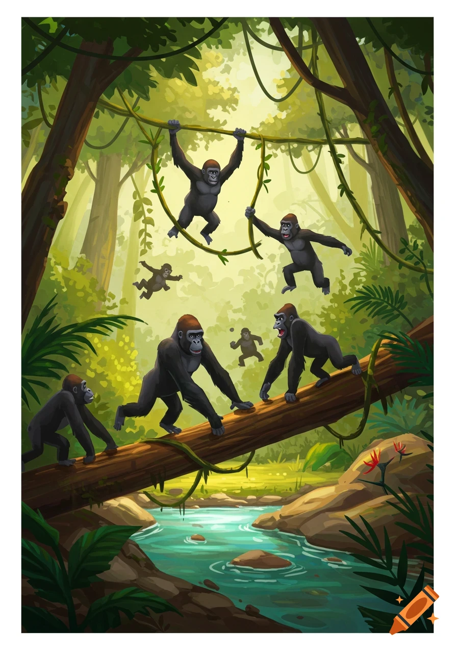 Cartoon illustration of several gorillas playing and swinging on vines and a log over a stream in a lush jungle.