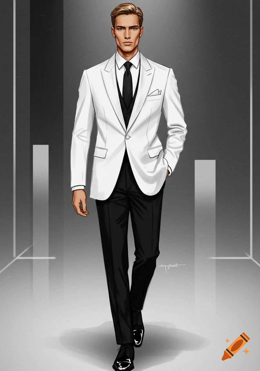 Fashion illustration of a man in a white tux jacket, black vest, black tie, and black pants, walking on a runway.