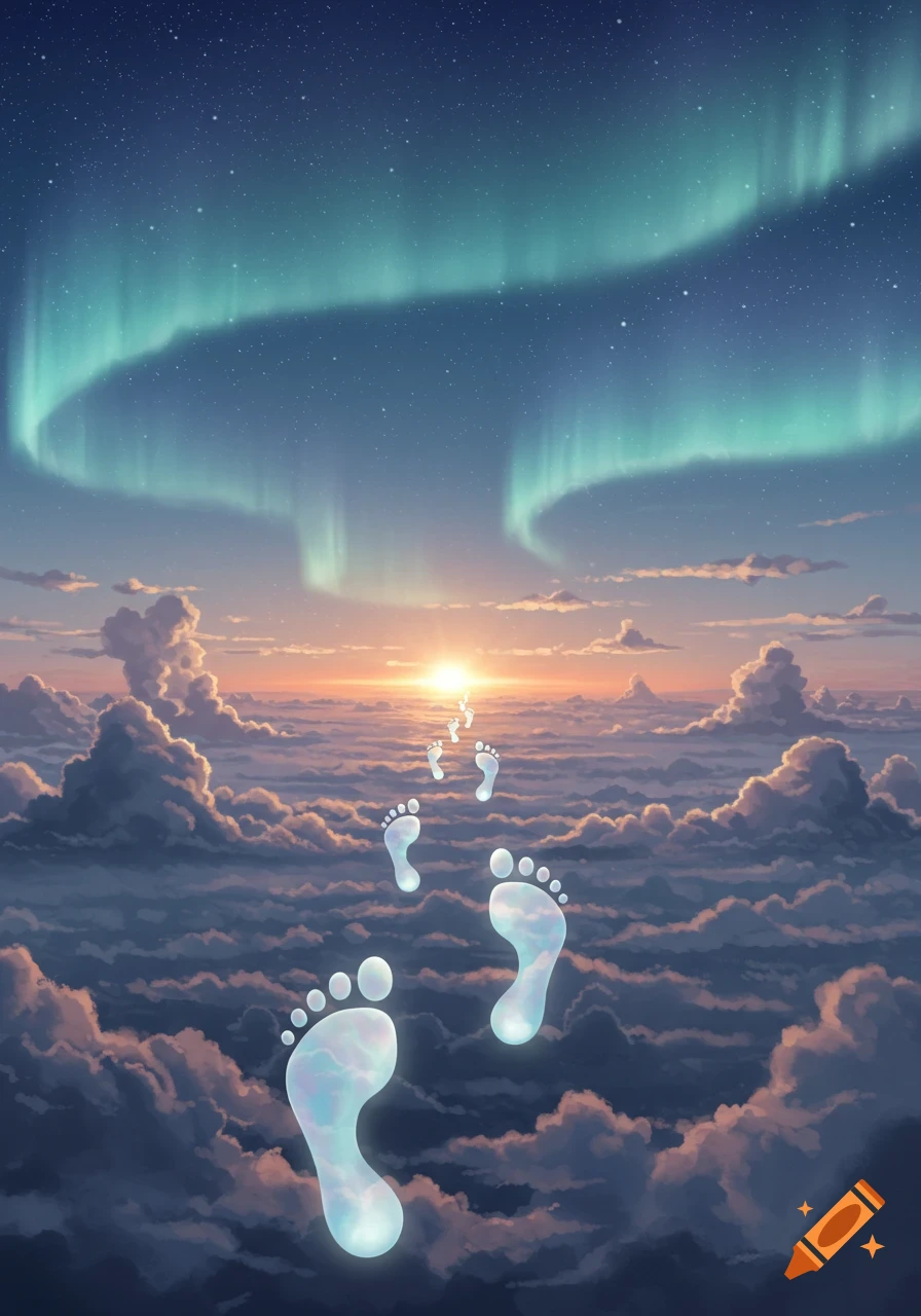 Glowing footprints ascend through clouds towards a setting sun and aurora borealis in a dreamy sky.