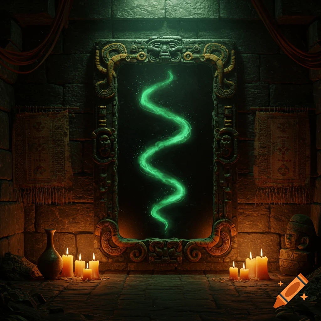 An ornate Aztec-style mirror glowing with green energy in a candlelit stone chamber.