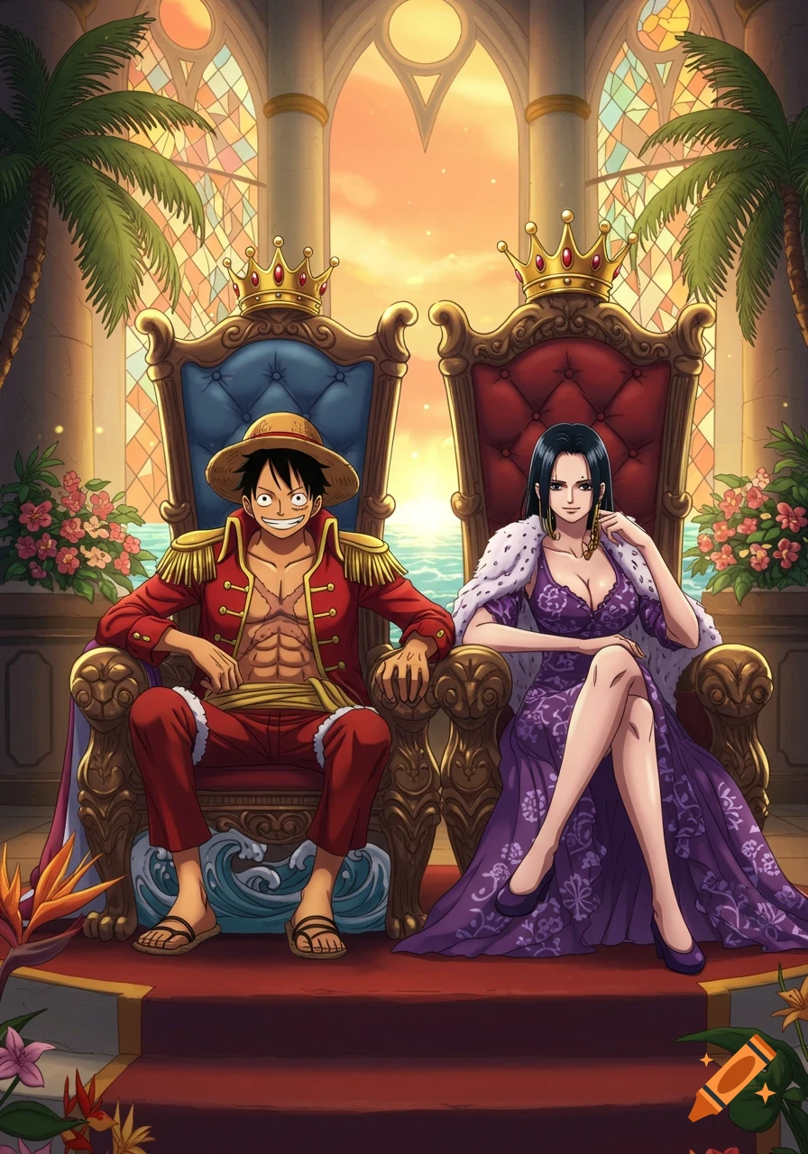 Anime characters Luffy and Hancock, dressed in regal attire, sit on ornate thrones in a grand hall overlooking the ocean at sunset.