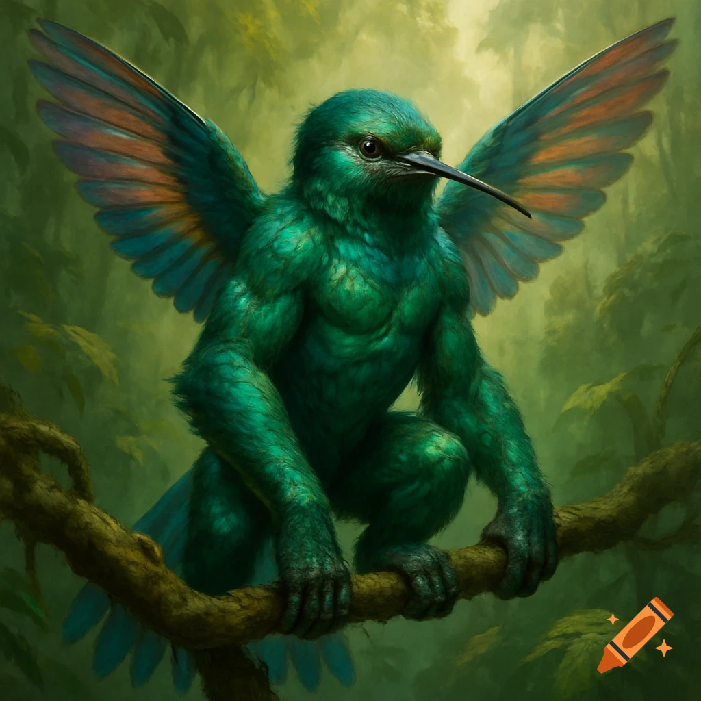Muscular green ape-hummingbird hybrid with large wings and a long beak, crouching on a jungle branch.