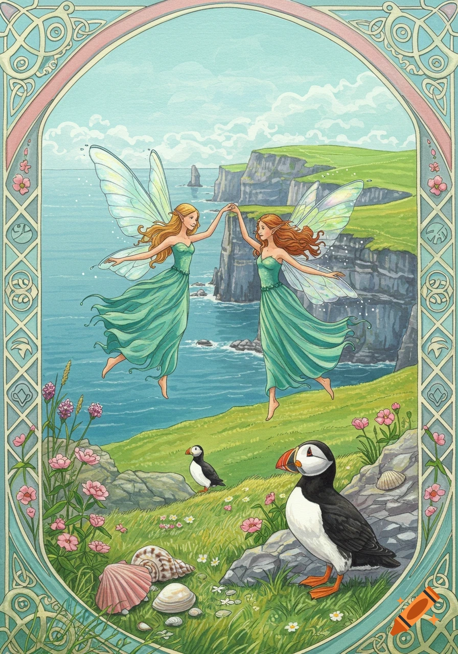 Whimsical illustration of two fairies dancing above a green cliff by the sea, with puffins, wildflowers, and Celtic borders.
