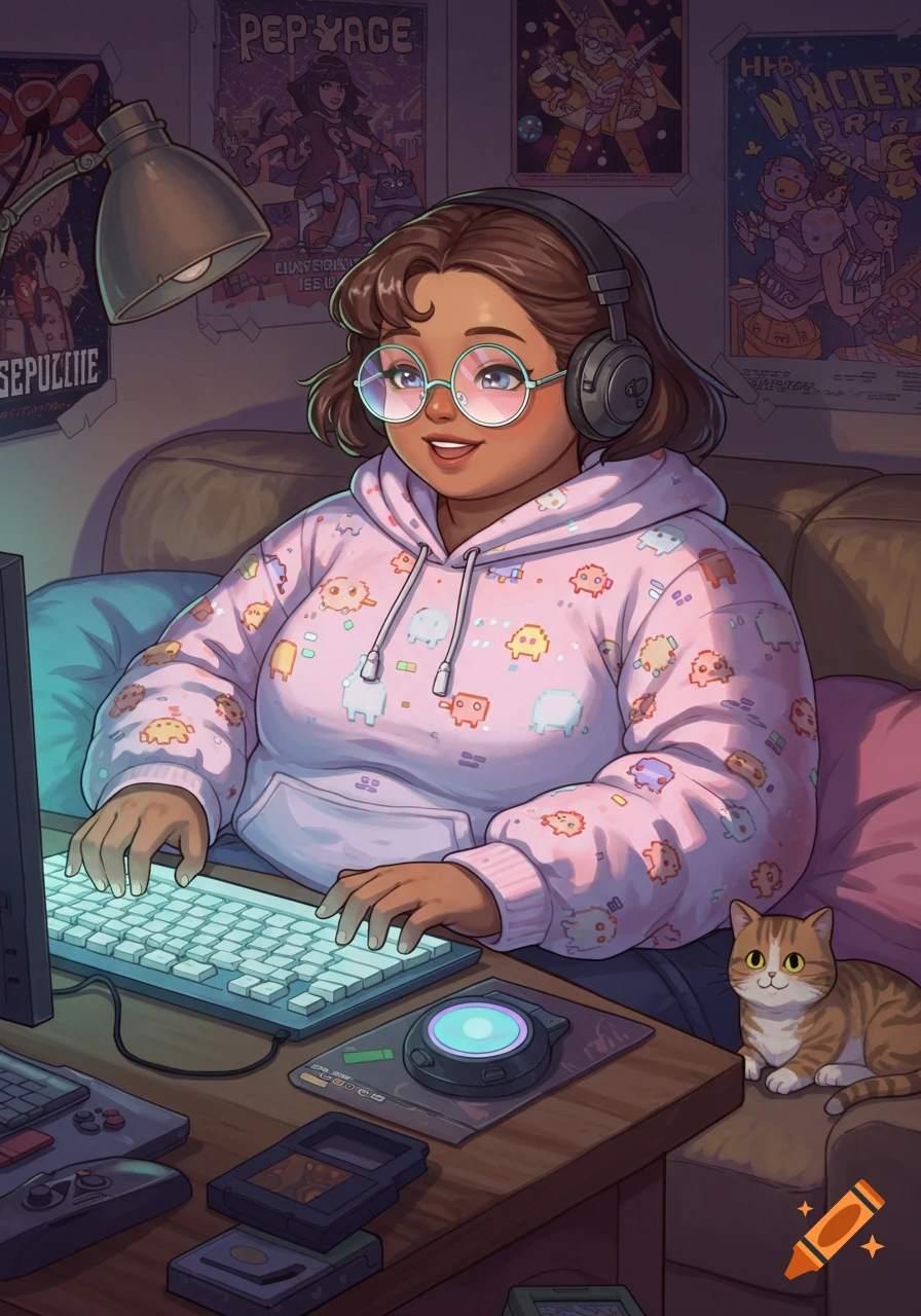 A cute plus-sized gamer girl with headphones and glasses types on a keyboard next to her cat in a cozy, dim room, in an anime art style.