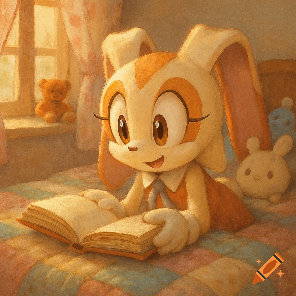 Cream the Rabbit, a cream and orange bunny, lies on a quilt, reading a book in a warm, painterly art style.