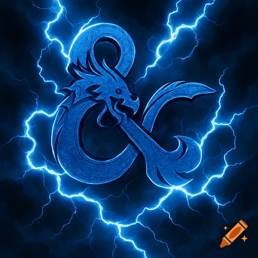 Blue Dungeons & Dragons ampersand logo with a dragon head, surrounded by bright blue lightning against a dark background.