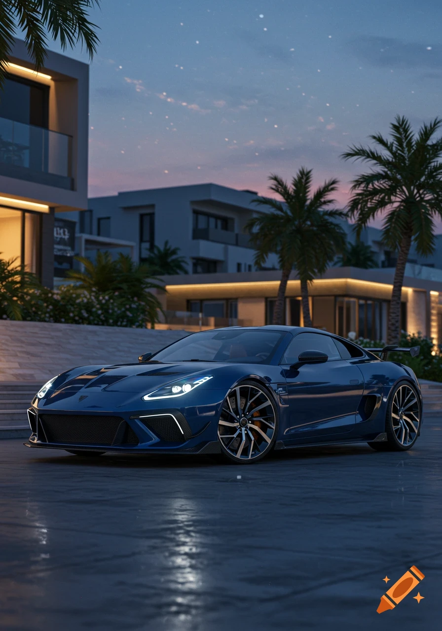 A sleek blue sports car with headlights on, parked on a wet road in front of modern luxury buildings with palm trees at dusk.