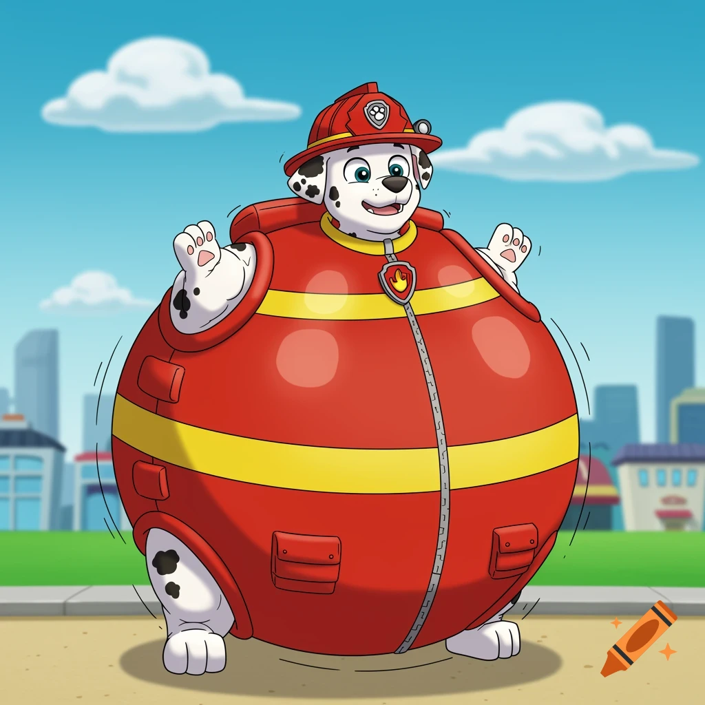 Cartoon Marshall from Paw Patrol, in a red inflated firefighter uniform, standing like a giant balloon in a city street.