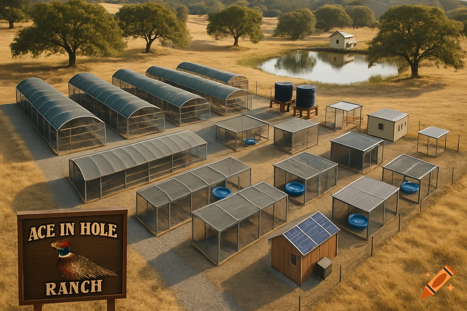 Aerial view of Ace in Hole Ranch with multiple hoop houses and pens on gravel pathways, a pond, and a small house, set in a golden grassy field with oak trees.