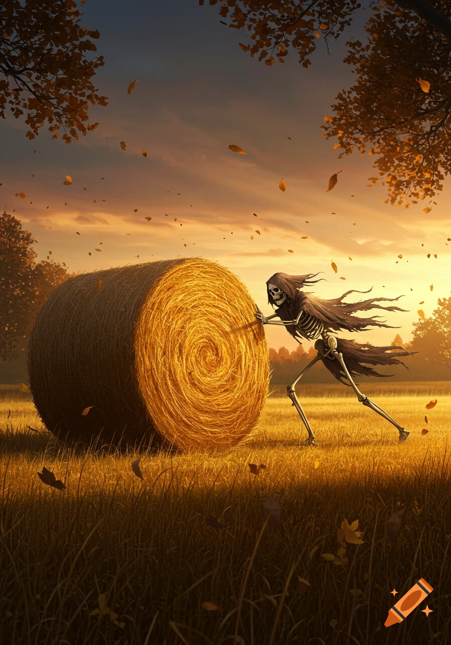 A skeleton resembling the Grim Reaper pushes a large round hay bale across a golden field with falling autumn leaves at sunset.