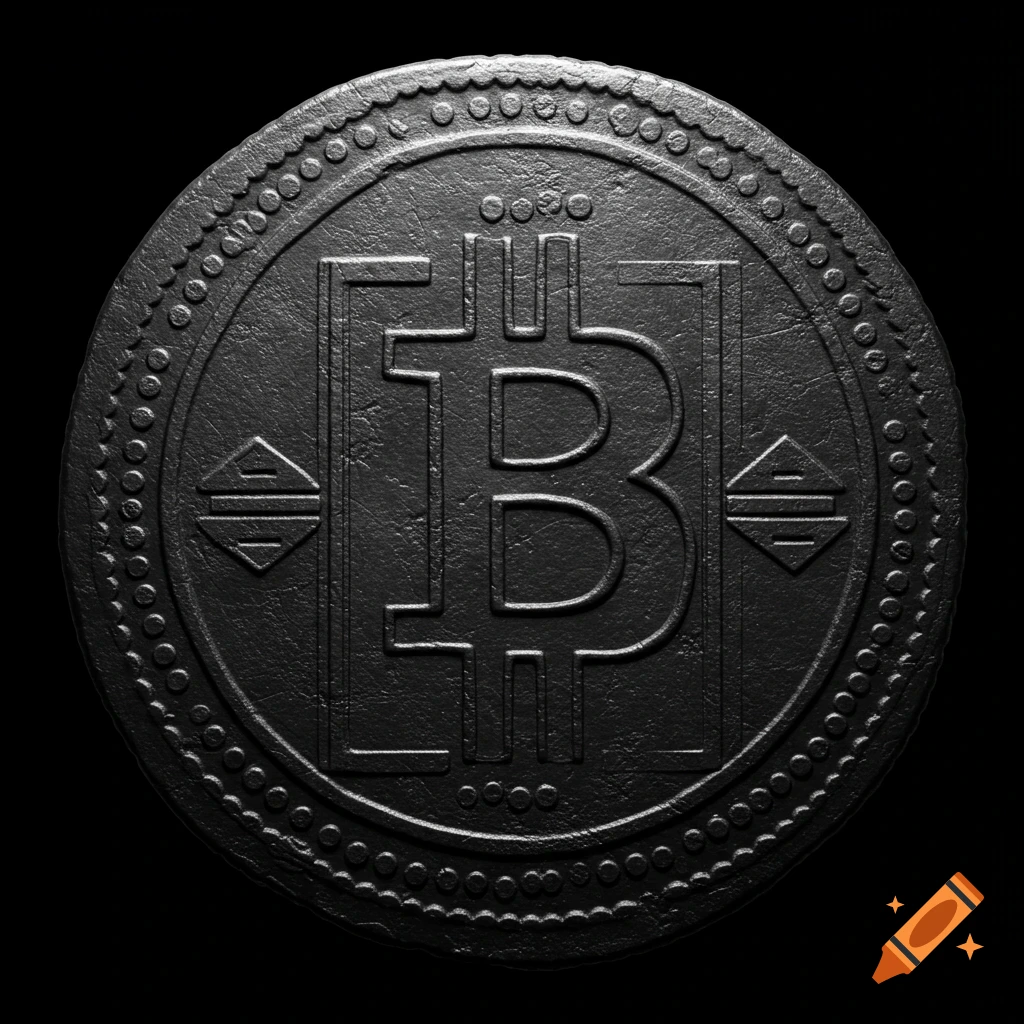 A dark, textured, black and white coin featuring a raised Bitcoin logo in the center, against a black background.