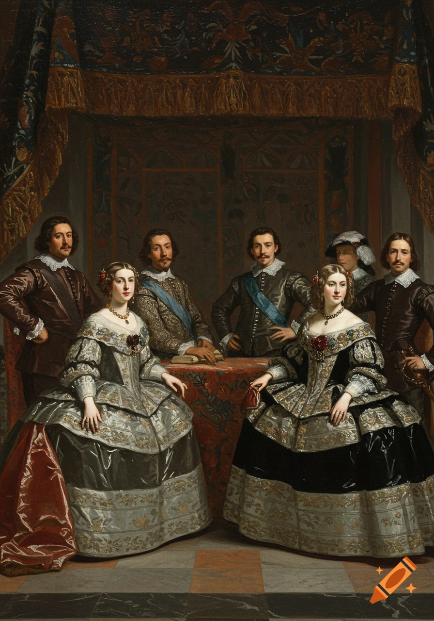 A formal group oil painting in the style of Velázquez, depicting two women in elaborate gowns and several men in period attire within an opulent room.