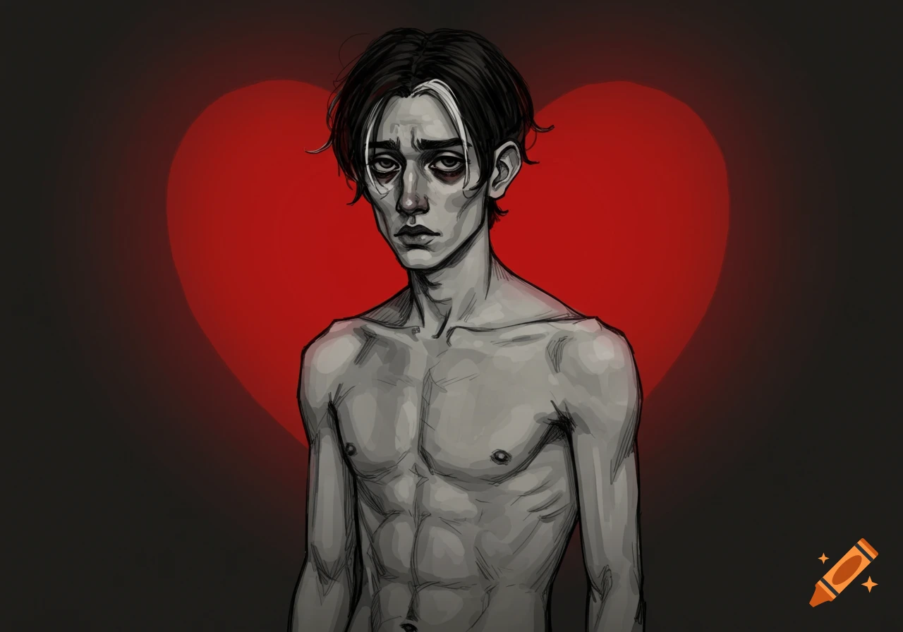Egon Schiele-inspired black and white sketch of a moody, shirtless young man with a red heart in the background.