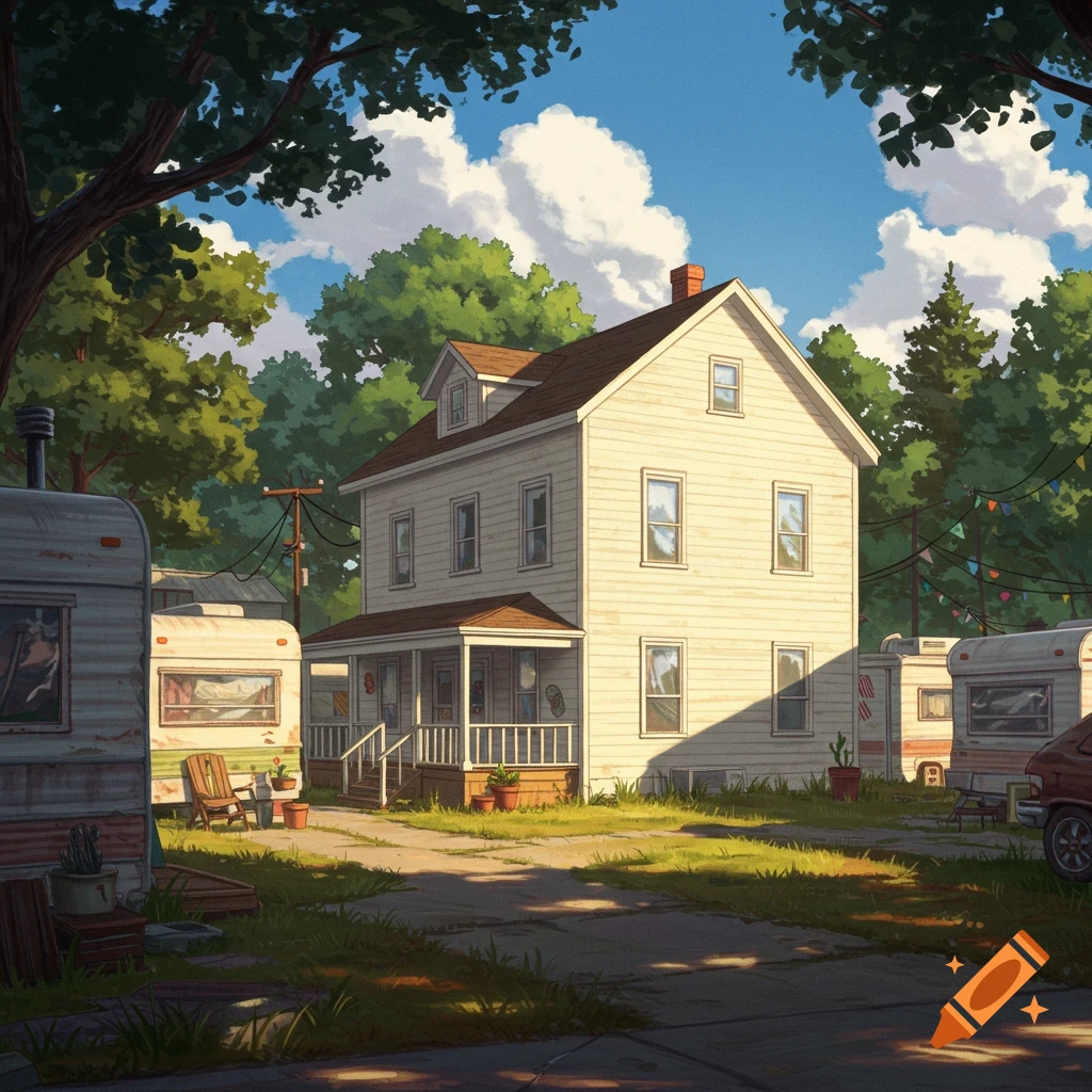 An illustrative scene of a white house with a porch, surrounded by lush trees and parked trailers on a sunny day.