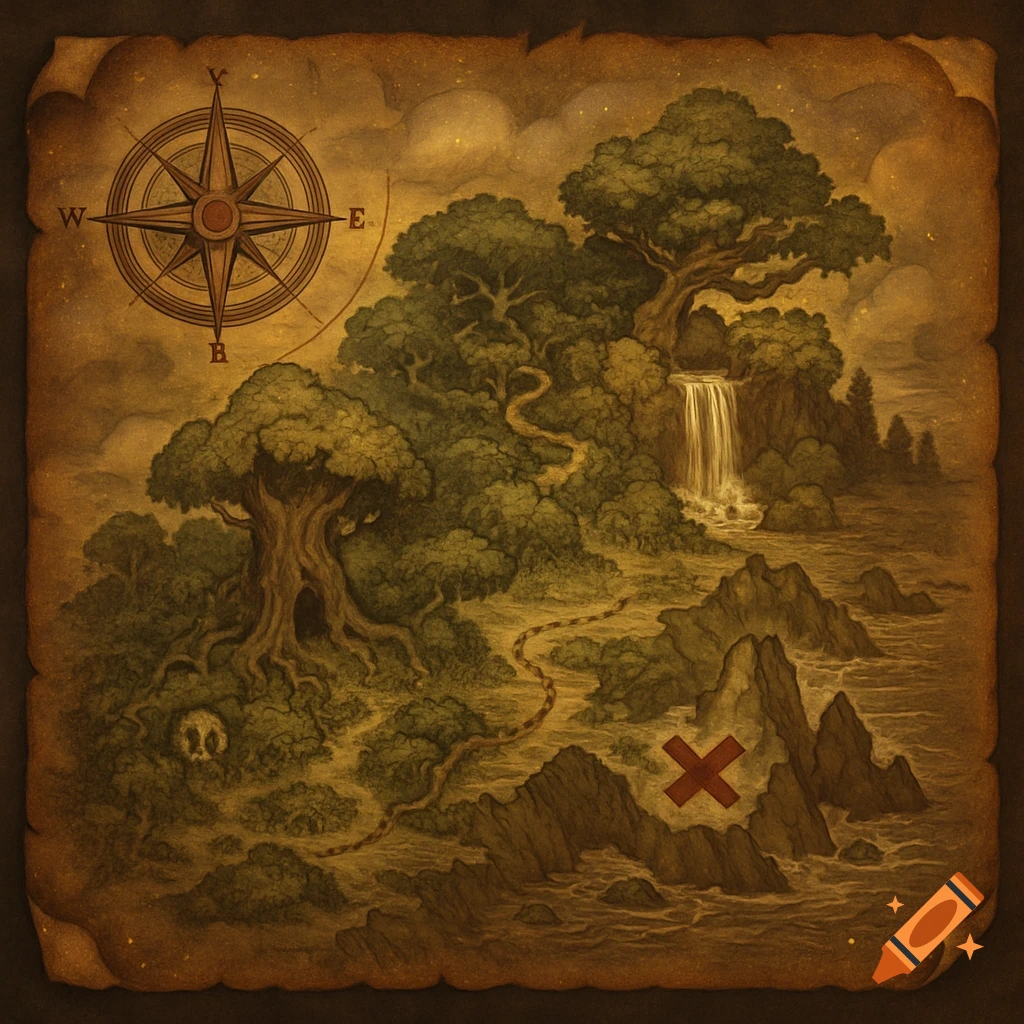 An aged, stylized treasure map on a parchment, showing a forested island with a waterfall, winding path, a skull, a compass rose with cardinal directions, and a large red X marking the spot.