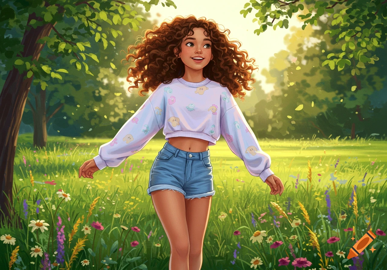 A cute anime-style girl with curly brown hair, wearing a crop sweatshirt and shorts, walking in a sunny green meadow filled with wildflowers.