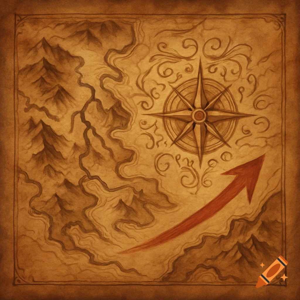 An antique-style fantasy map with mountains, a compass rose, and a red arrow pointing toward the upper right.