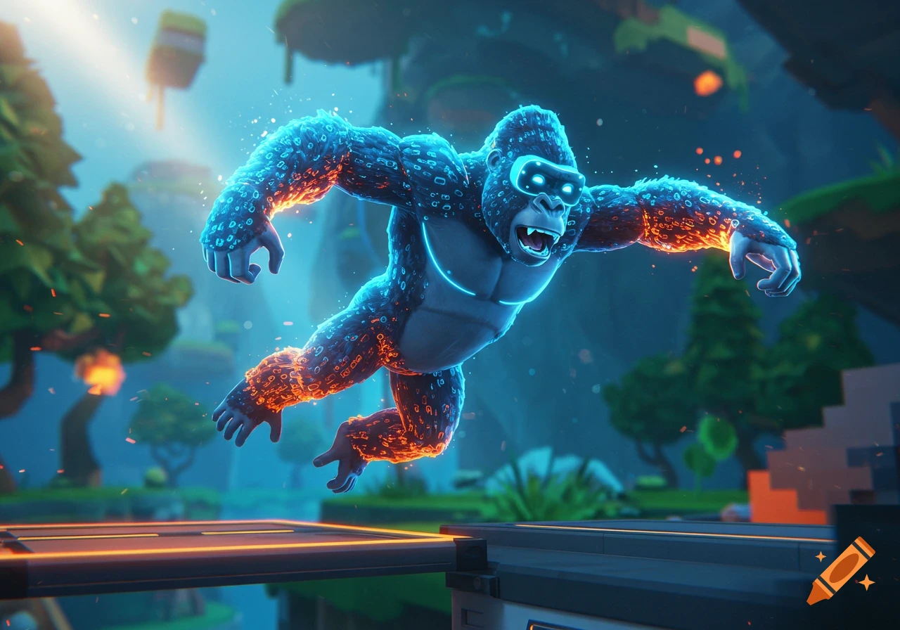 A stylized gorilla with glowing blue and orange digital fur and VR goggles leaps through a vibrant, futuristic video game landscape.