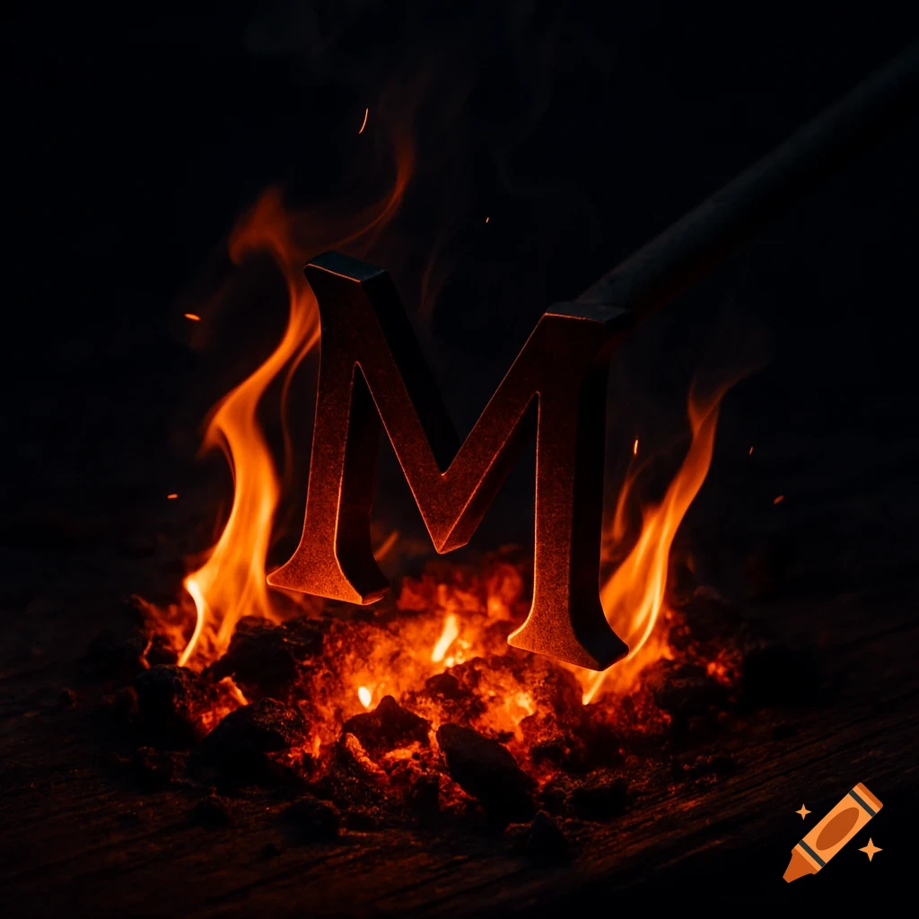 A photorealistic image of a glowing hot metal letter M surrounded by orange flames and embers, with a branding iron handle.