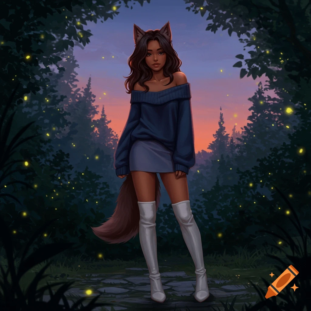 An illustration of a girl with wolf ears and tail in a dark blue sweater and white boots, standing in a firefly-lit forest at dusk.