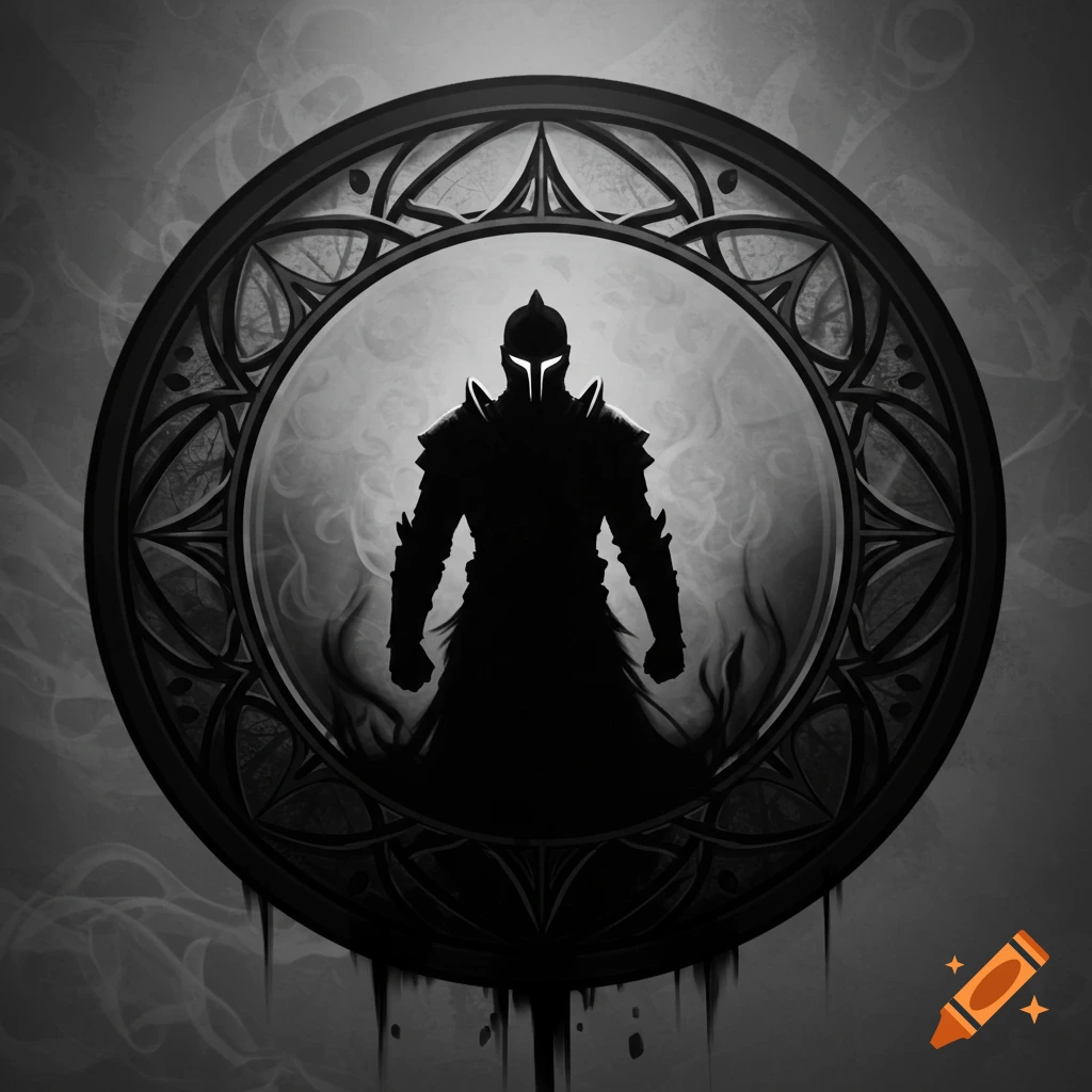 A dark silhouette of an armored warrior with glowing eyes standing within an ornate circular frame in black and white.