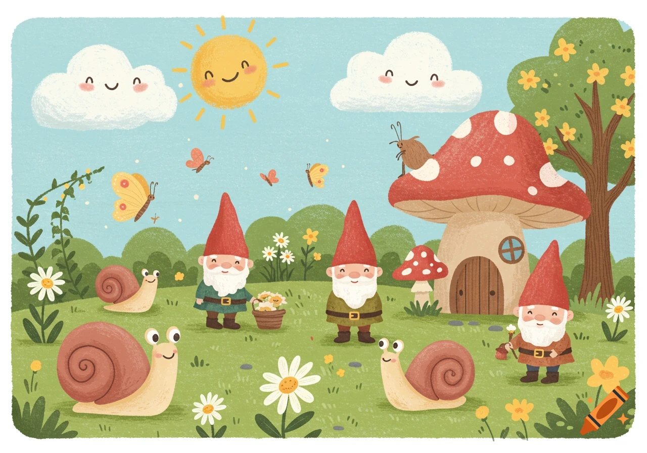 Whimsical garden illustration with gnomes, smiling snails, butterflies, and a mushroom house under a happy sun.