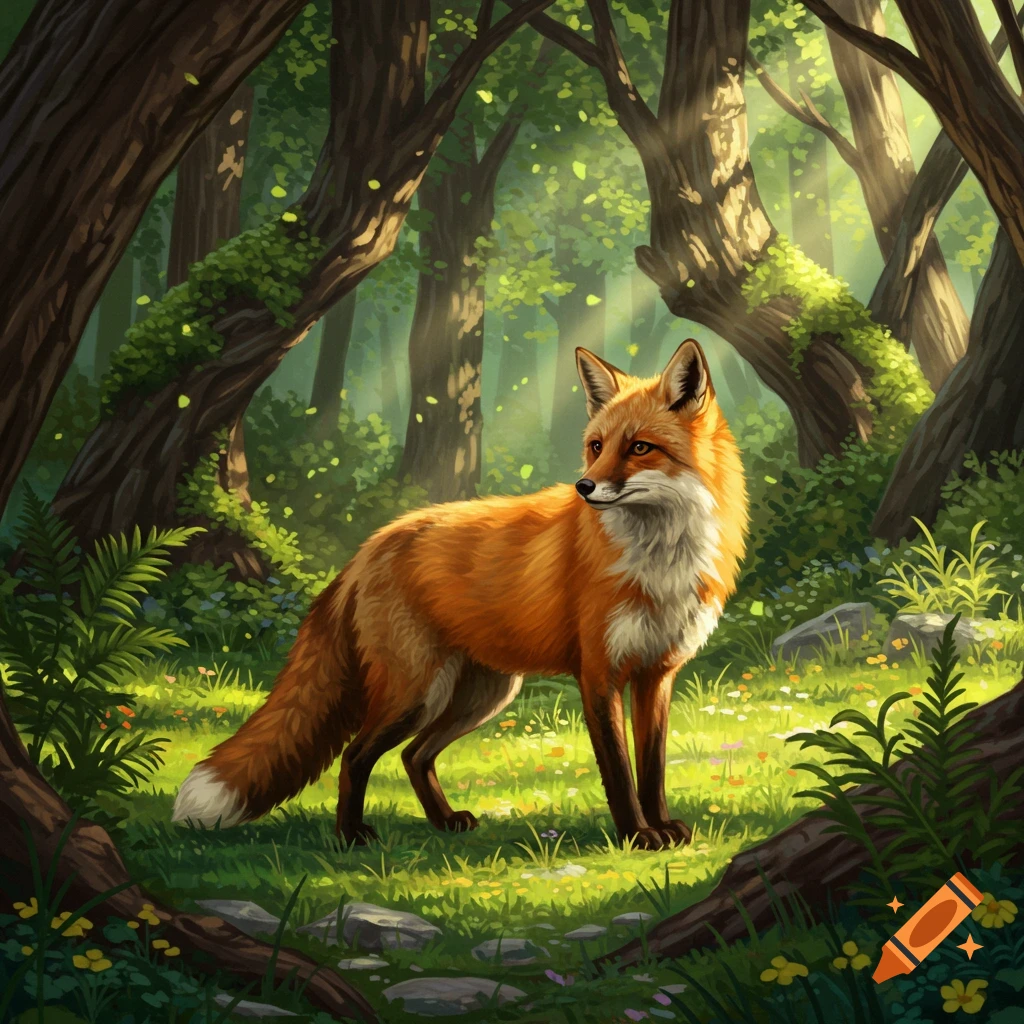 A vibrant red fox stands alert in a sun-dappled forest clearing, surrounded by lush green foliage and tall trees.