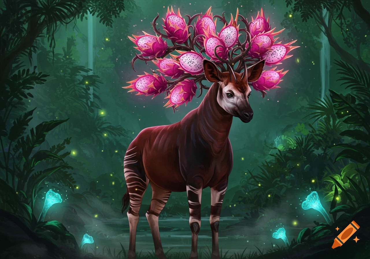 A majestic okapi-dragon fruit hybrid with glowing pink fruits for antlers stands in a dark, bioluminescent jungle, illustration.