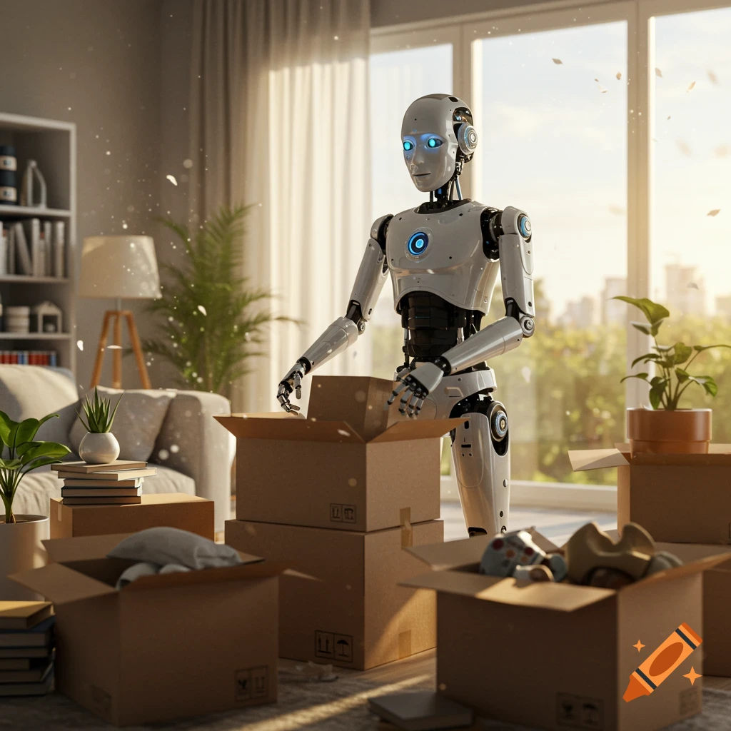 A white humanoid robot packs cardboard moving boxes in a sunny, modern living room.