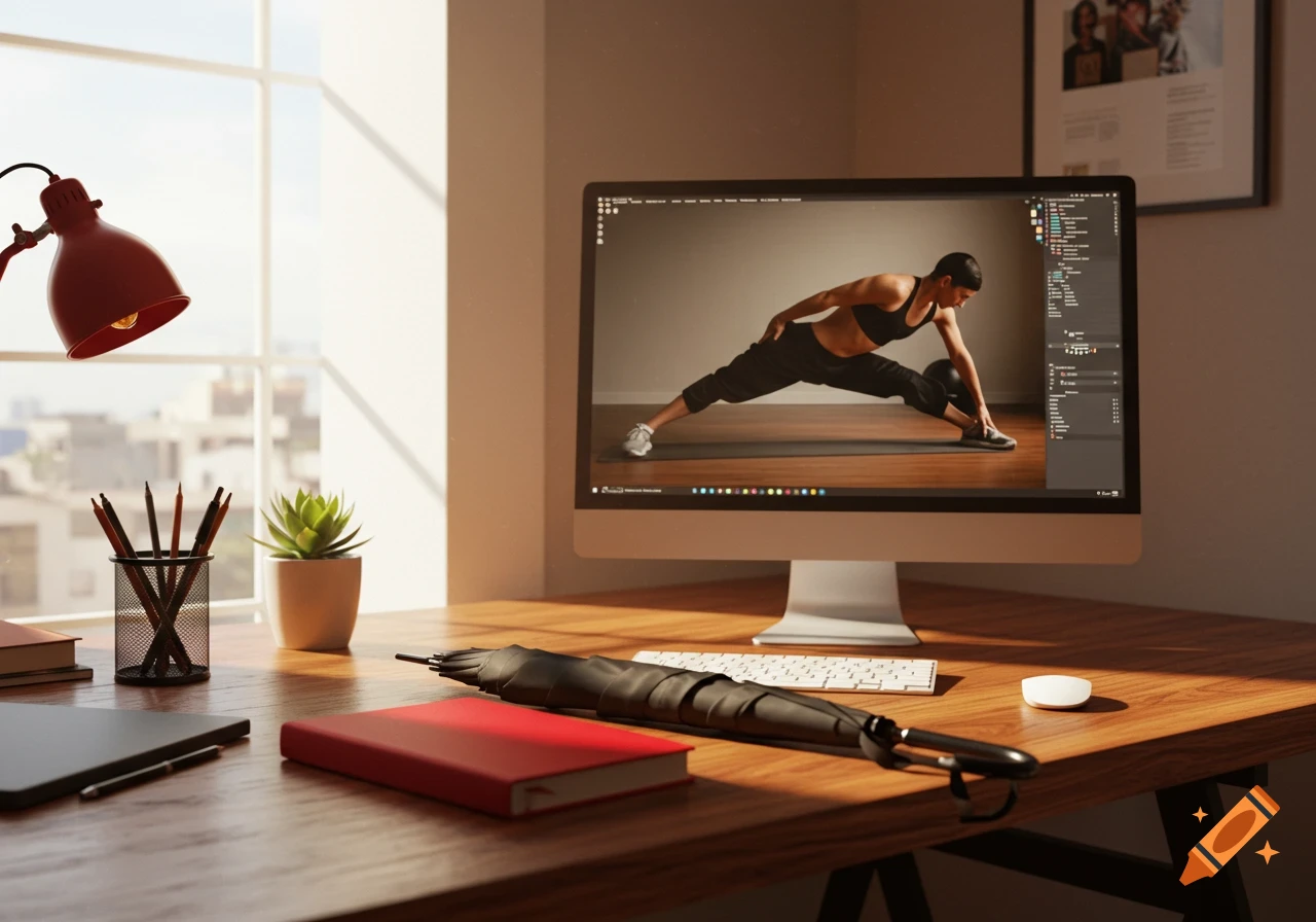 A sunlit home office desk with a red lamp, potted plant, pencils, red notebook, black umbrella, and a computer monitor showing a person doing a hamstring stretch.
