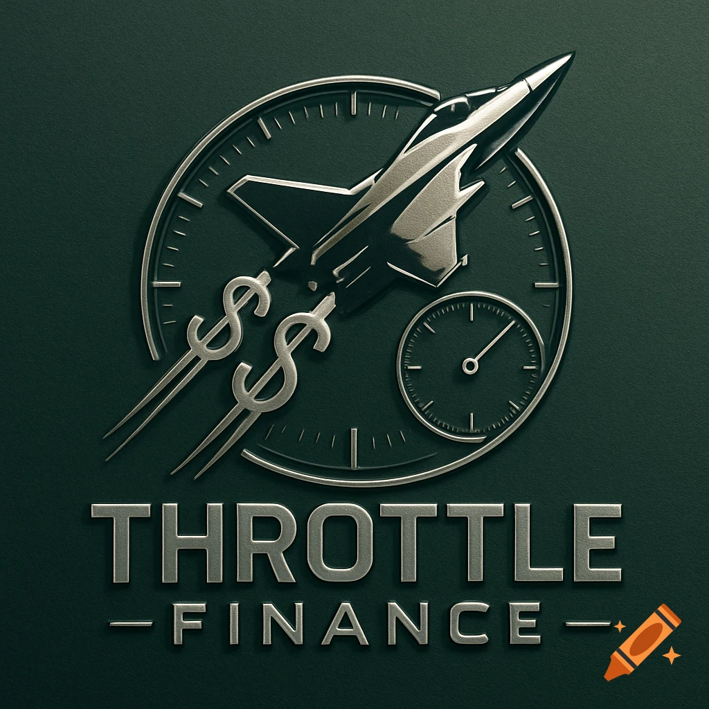 A metallic logo featuring a jet ascending from a clock, with dollar signs in its exhaust, and the text "THROTTLE FINANCE".
