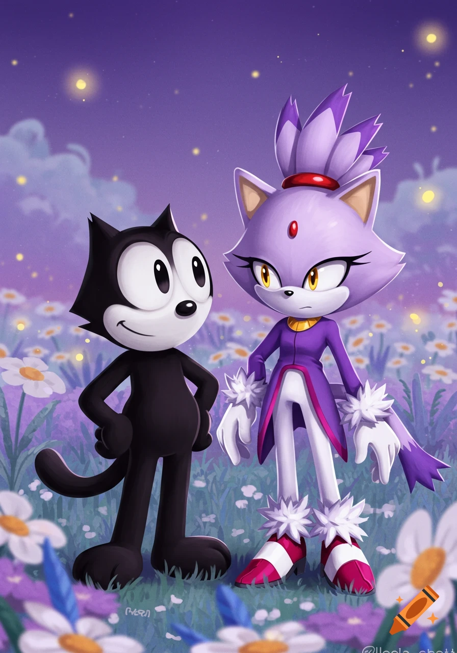 Felix the Cat and Blaze the Cat stand among white and purple flowers under a starry purple night sky with fireflies.