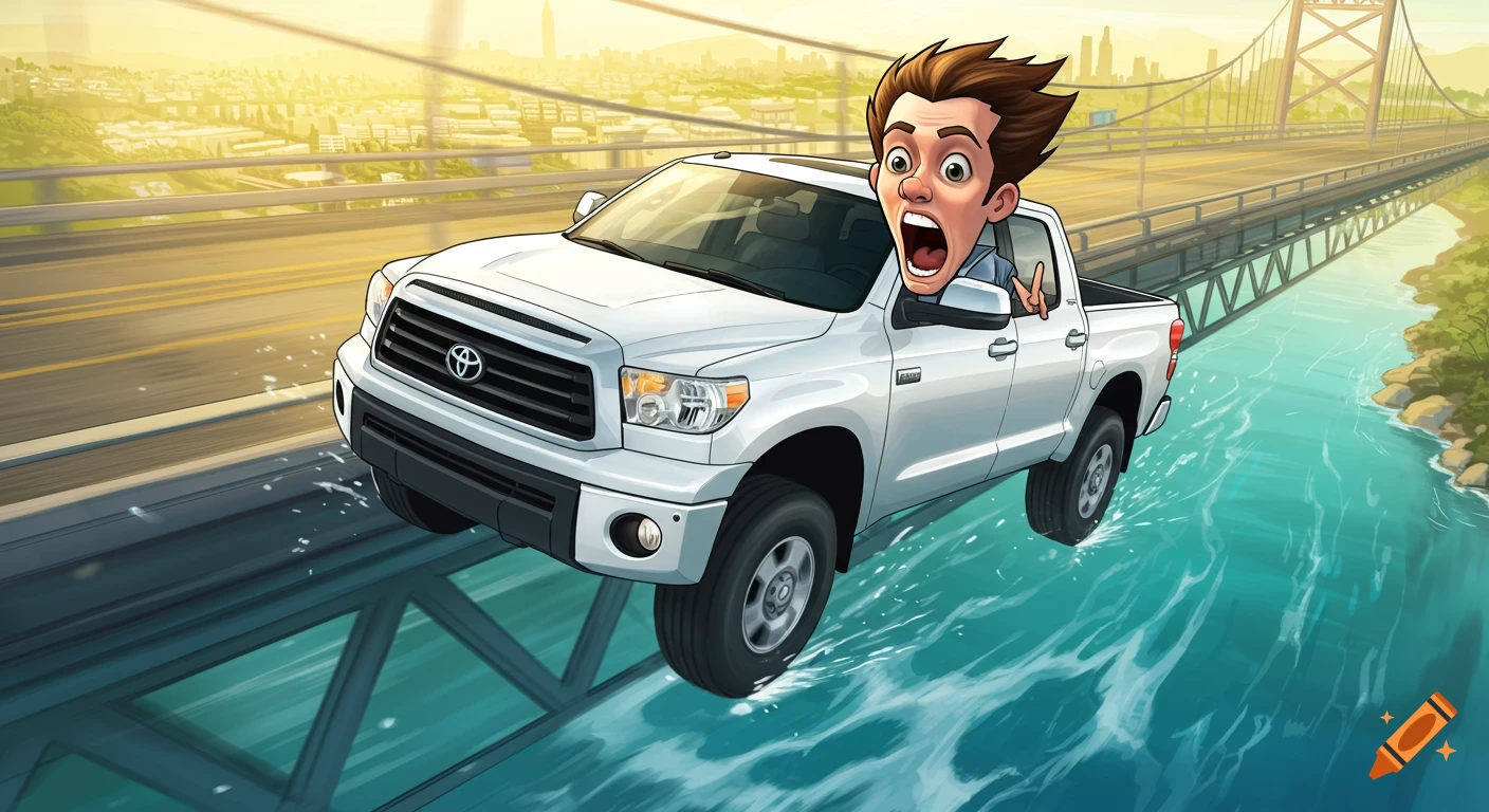 Cartoon man screaming in a white Toyota Tundra truck as it drives off a bridge into a river, with a city skyline in the background.