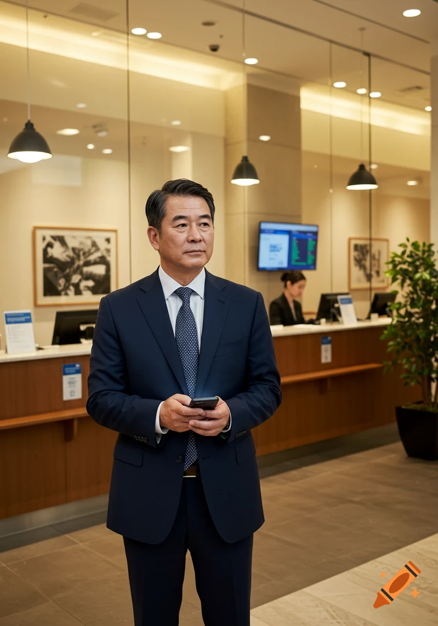 Photorealistic portrait of a middle-aged Asian man in a suit, holding a phone in a modern bank lobby.