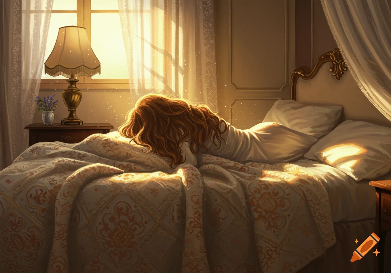 An illustration of a woman with long red hair lying face down in bed, bathed in warm morning light from a window.