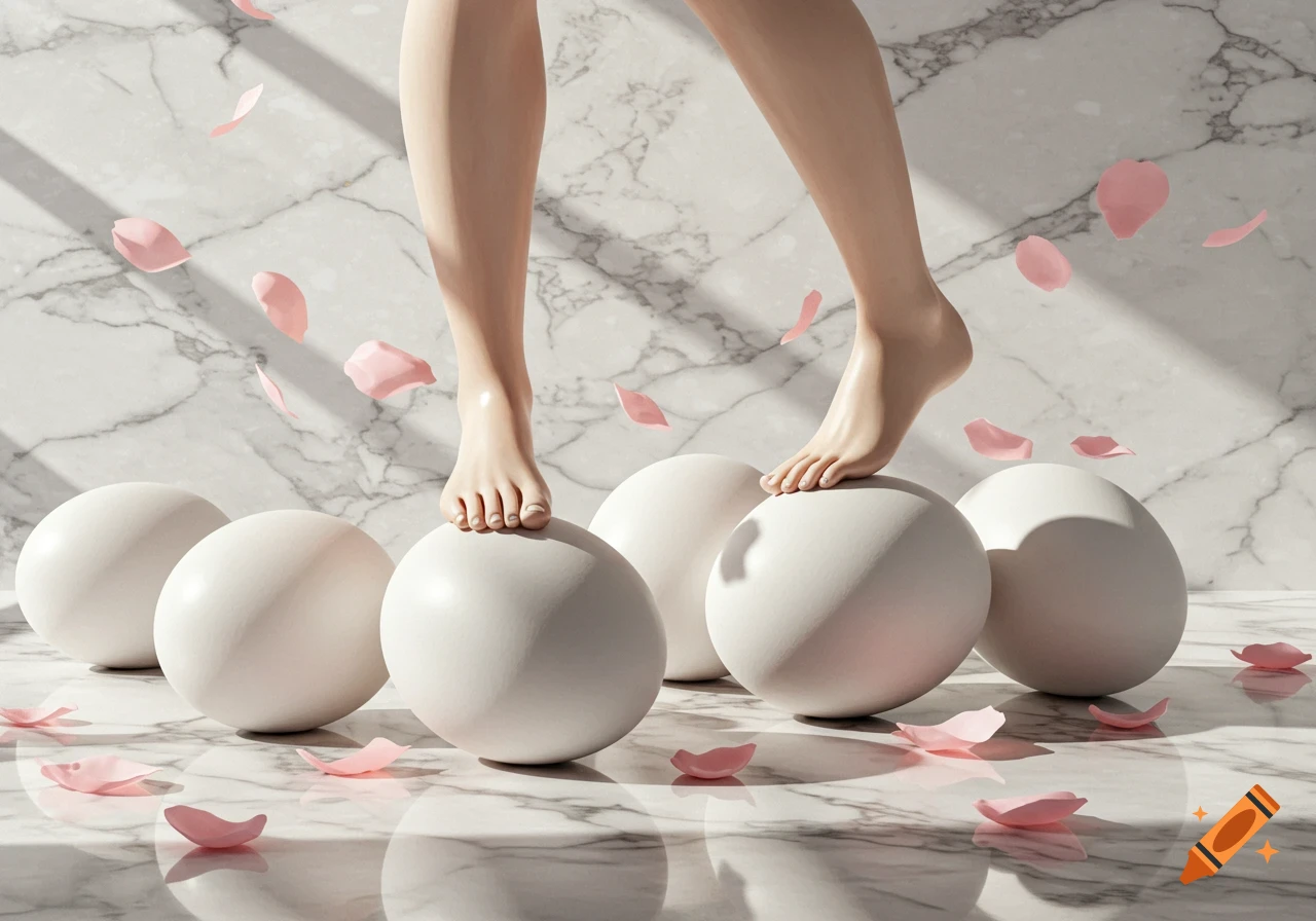 Bare legs and feet delicately stepping on large white spheres on a reflective marble surface, with scattered pink petals.