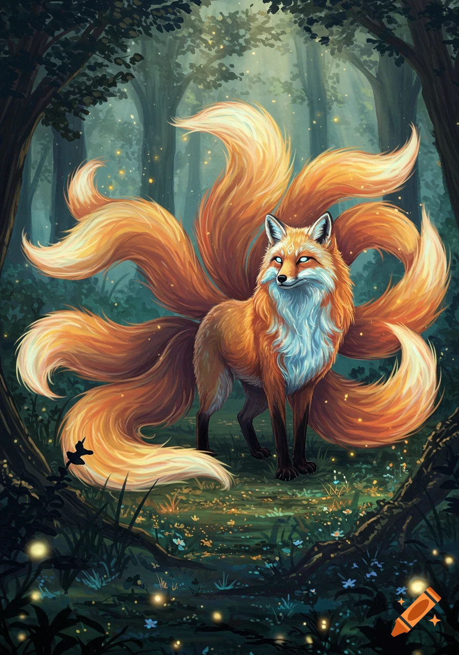 A majestic nine-tailed fox with glowing blue eyes stands in a dark, mystical forest with glowing elements.