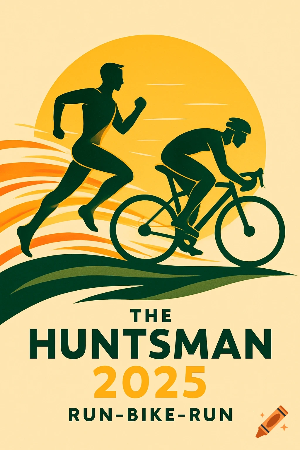 A stylized poster for 'The Huntsman 2025 Run-Bike-Run' event, featuring dark green silhouettes of a runner and a cyclist against a bright yellow and orange sun-like background.